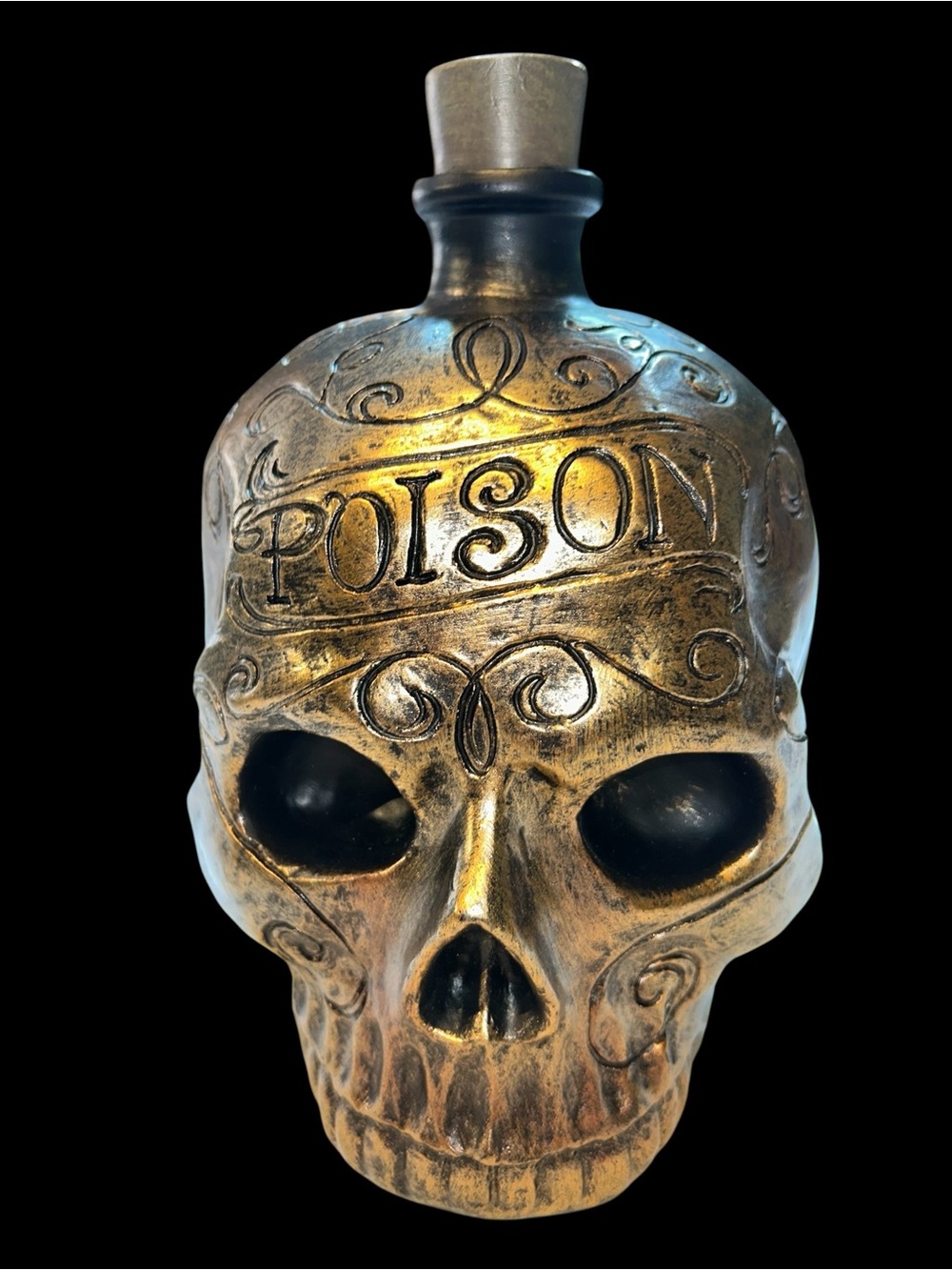 Metallic Bronze "Poison" Skull Potion Decanter Bottle with Cork